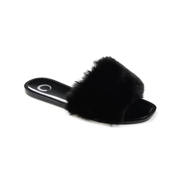 JOURNEE COLLECTION 'DUSK' FAUX FUR BAND SLIDE SANDALS BLACK WOMENS 7M NEW - Picture 1 of 12